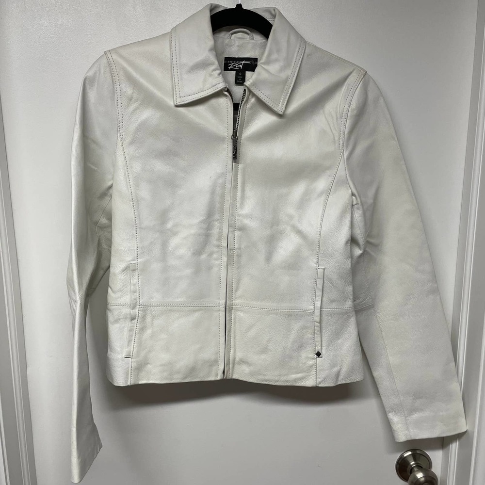 Black Rivet White 100% Leather Zip Front 90s Y2K Jacket Womens Size Small